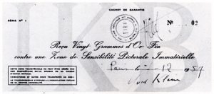 A cheque used to certify the purchase of a Zone de Sensibilité Picturale Immatérielle. This copy was bought by Jacques Kugel December 7, 1959